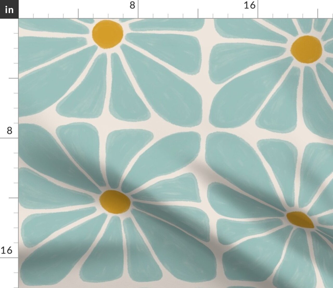 Geometric Floral Flowers Blue Yellow Square Bold Daisy Boho Mustard 70S 1970S Custom Printed Fabric by Spoonflower Various Fabrics by the Yard or Fat Quarter